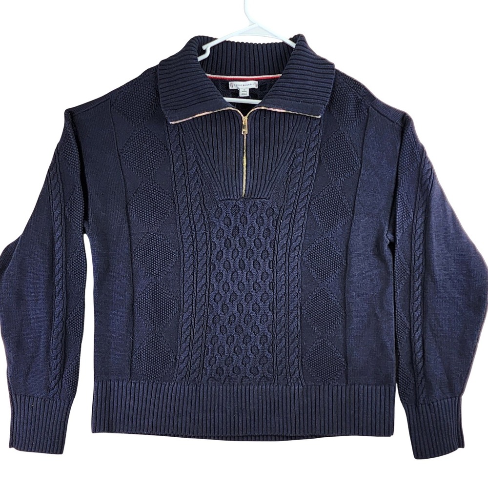Tommy Hilfiger 76J5415‎ Quarter Zip Cable Knit Sweater Mens XL Navy Blue  Preppy